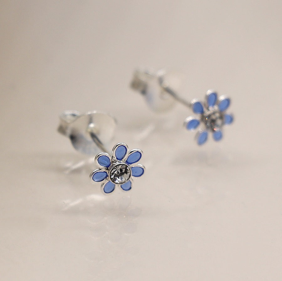 POM Sterling Silver Blue & Crystal Tiny Flower Stud Earrings
