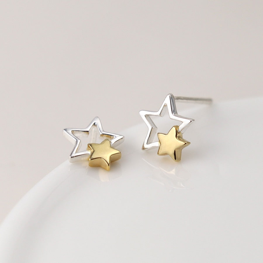POM Sterling 925 Silver & Gold Plated Double Star Stud Earrings