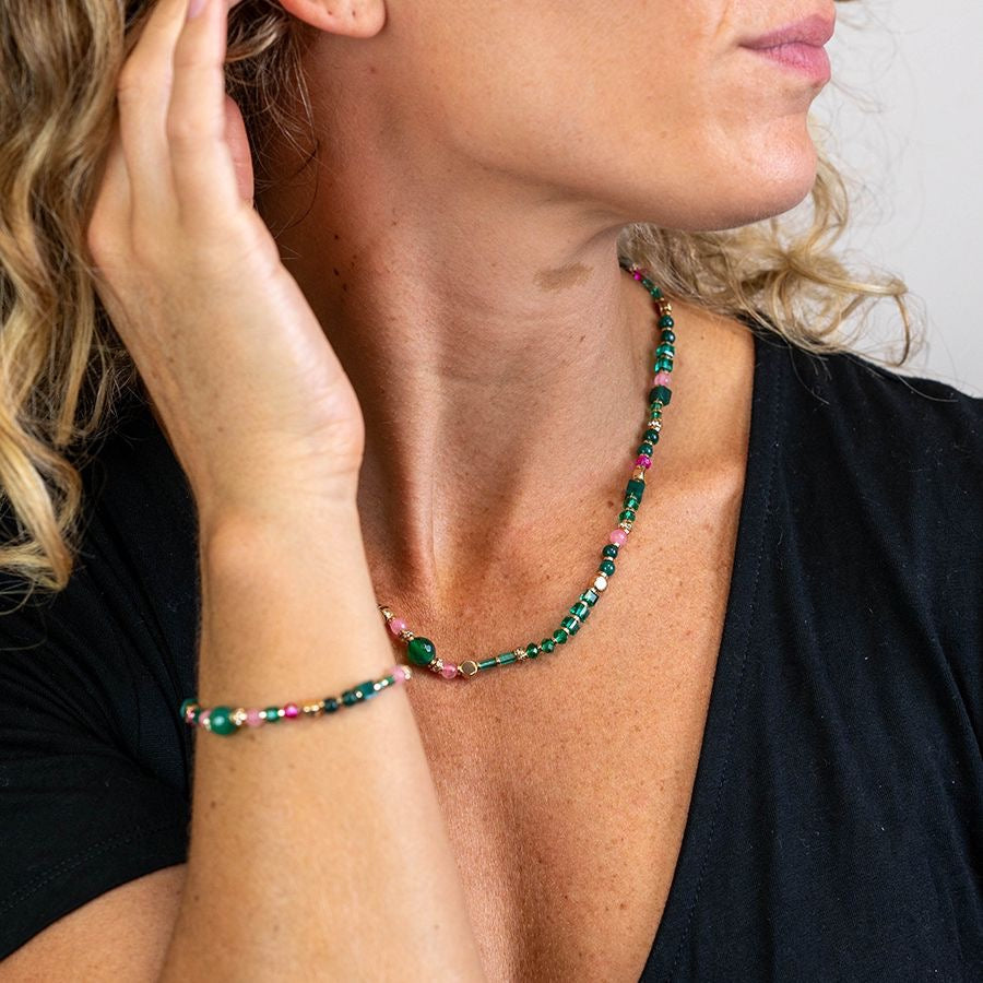 POM Pink & Emerald Green Mix Beaded Full Necklace