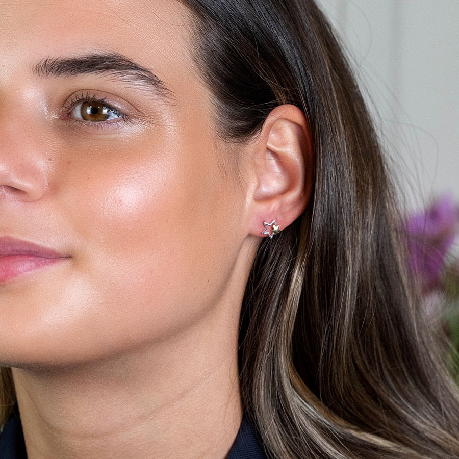 POM Sterling 925 Silver & Gold Plated Double Star Stud Earrings