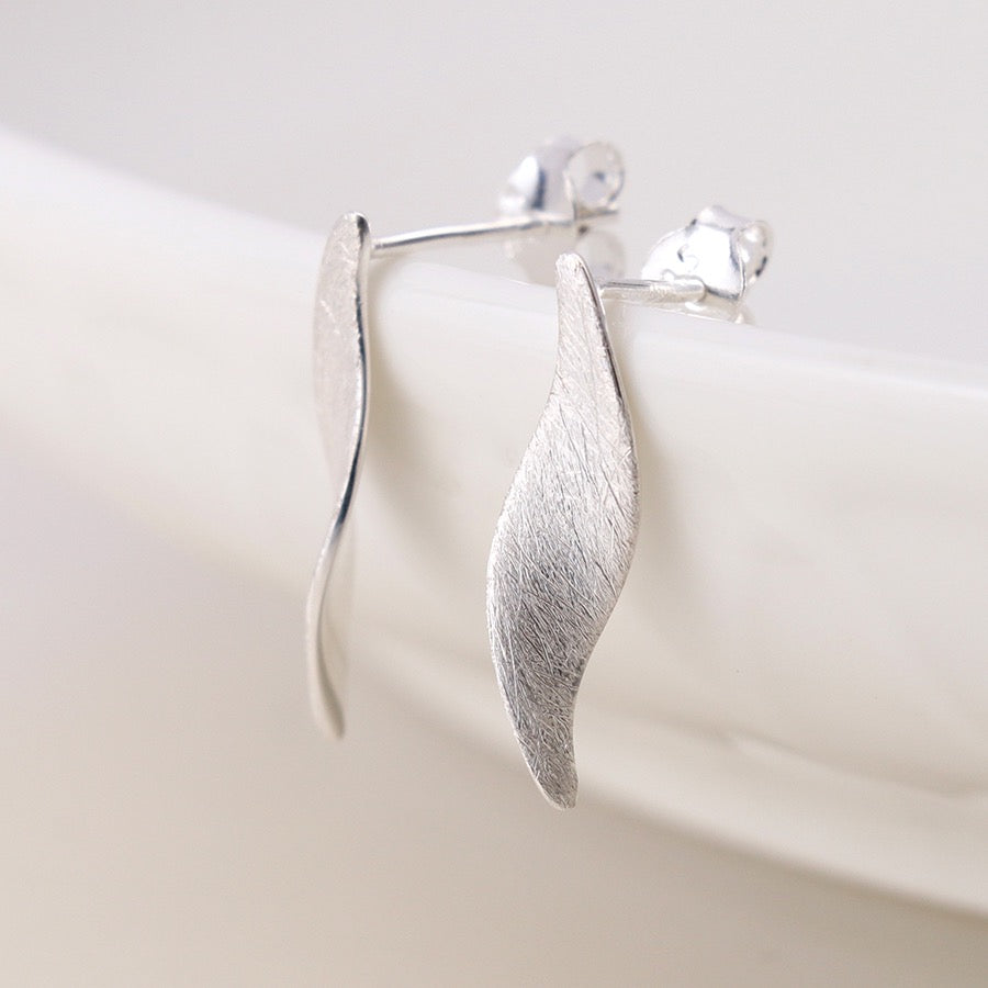 POM Sterling 925 Silver Brushed Marquis Twist Drop Stud Earrings