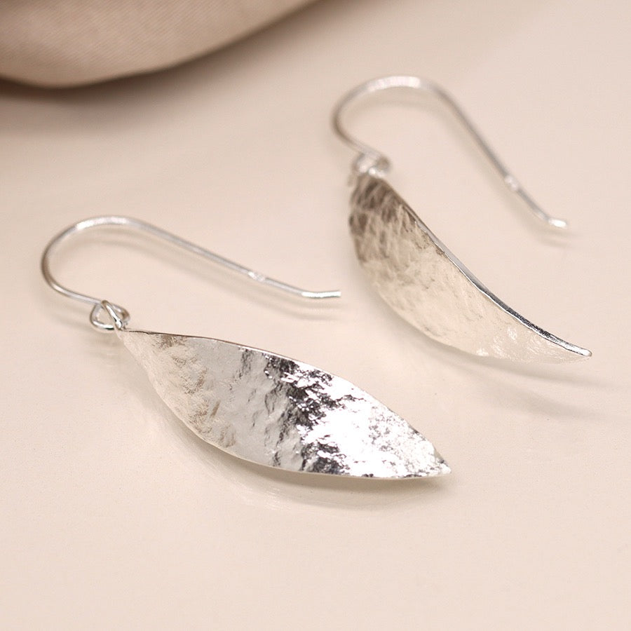 POM Sterling 925 Silver Foil Texture Marquis Dangly Earrings
