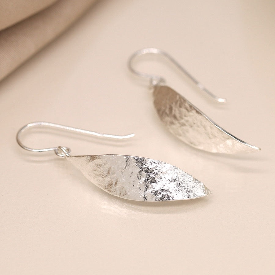 POM Sterling 925 Silver Foil Texture Marquis Dangly Earrings