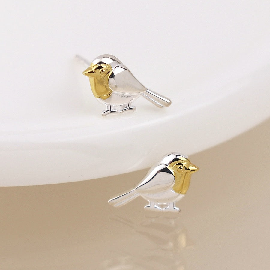 POM Sterling Silver & Gold Plated Robin Stud Earrings