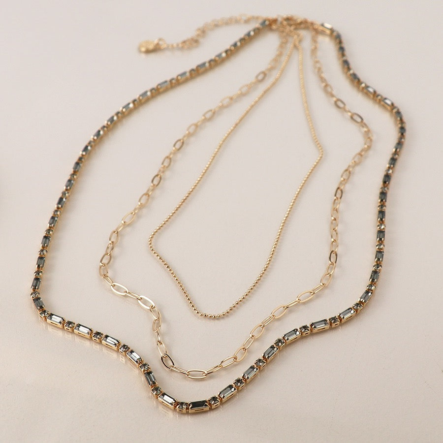 POM Golden Smokey Crystal & Chains Triple Layer Necklace