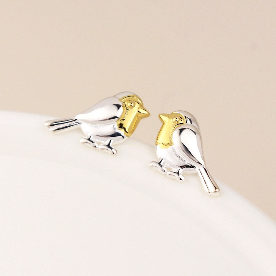 POM Sterling Silver & Gold Plated Robin Stud Earrings