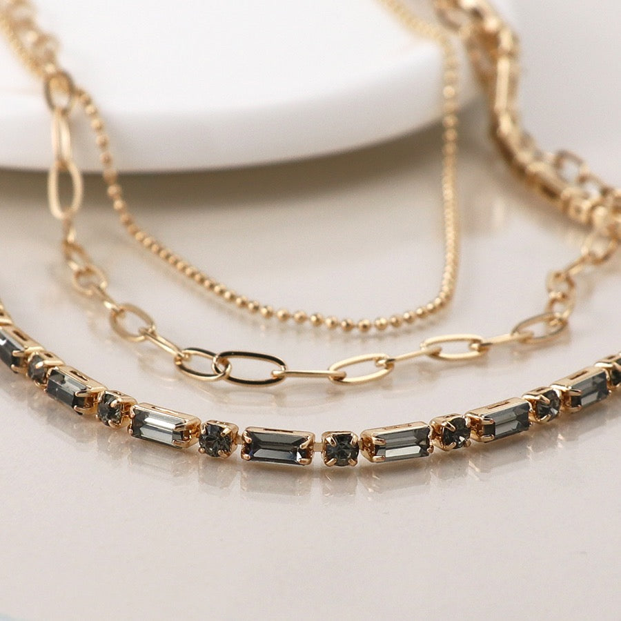 POM Golden Smokey Crystal & Chains Triple Layer Necklace