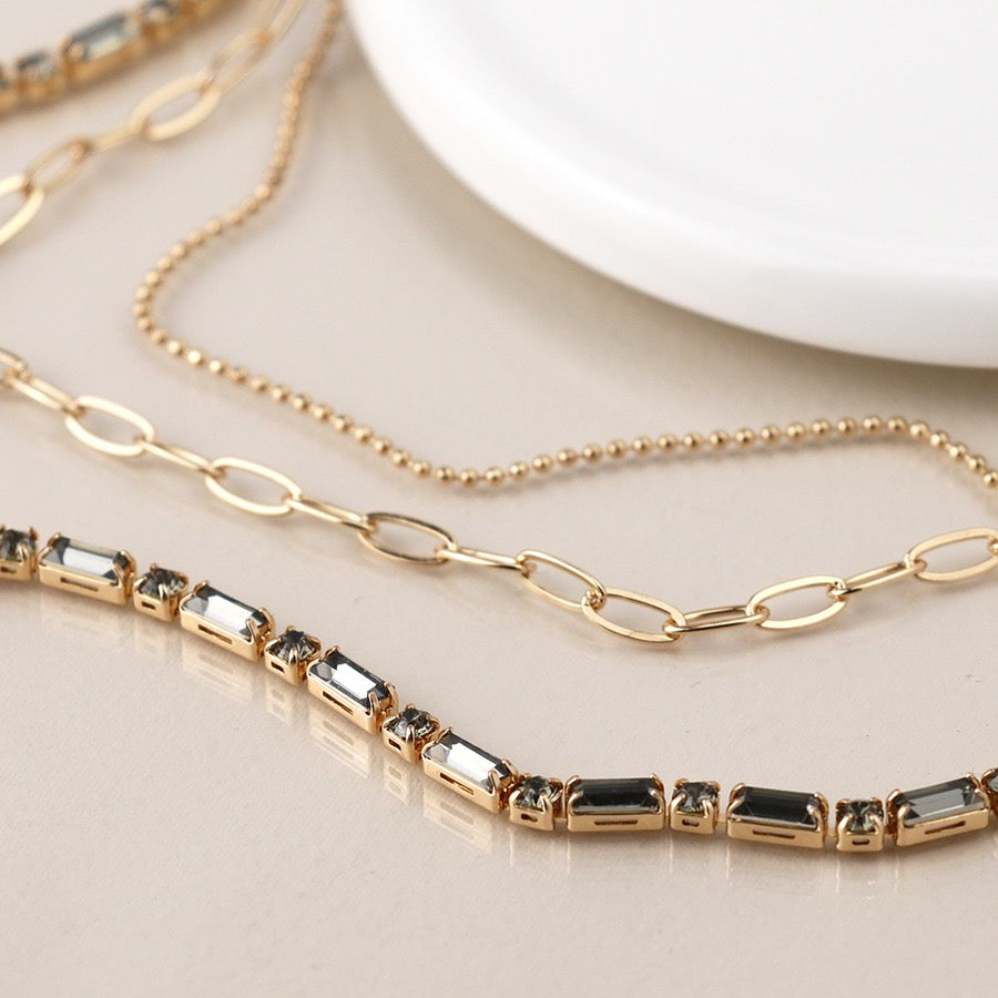 POM Golden Smokey Crystal & Chains Triple Layer Necklace