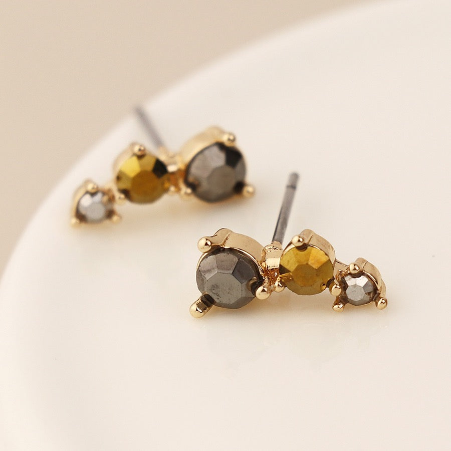 POM Gold Plated Smokey Mix Crystal Graduated Stud Earrings