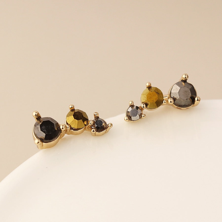 POM Gold Plated Smokey Mix Crystal Graduated Stud Earrings