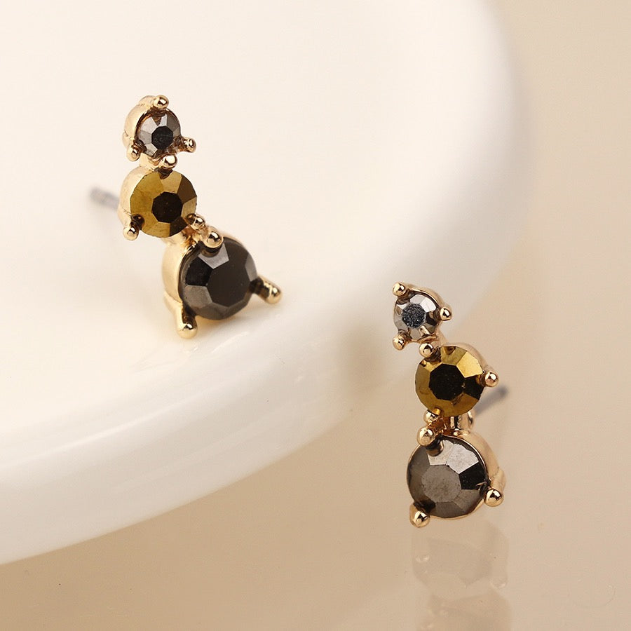 POM Gold Plated Smokey Mix Crystal Graduated Stud Earrings