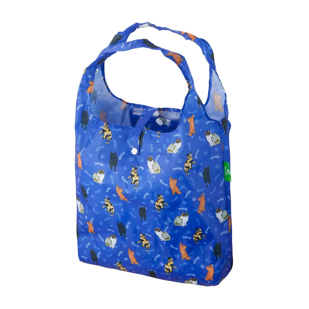 Eco Chic Foldable Recycled Shopping Bag - Mixed Cats - Blue