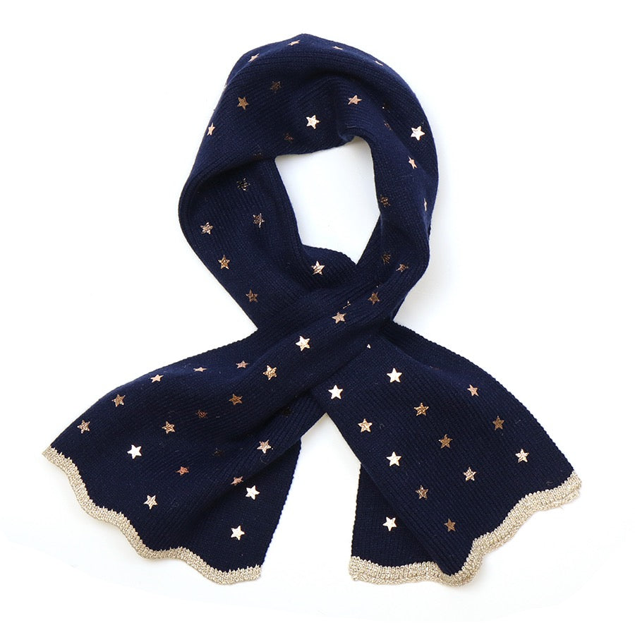POM Navy Blue Fine Knit Pull Through Scarf With Foil Stars & Lurex Border