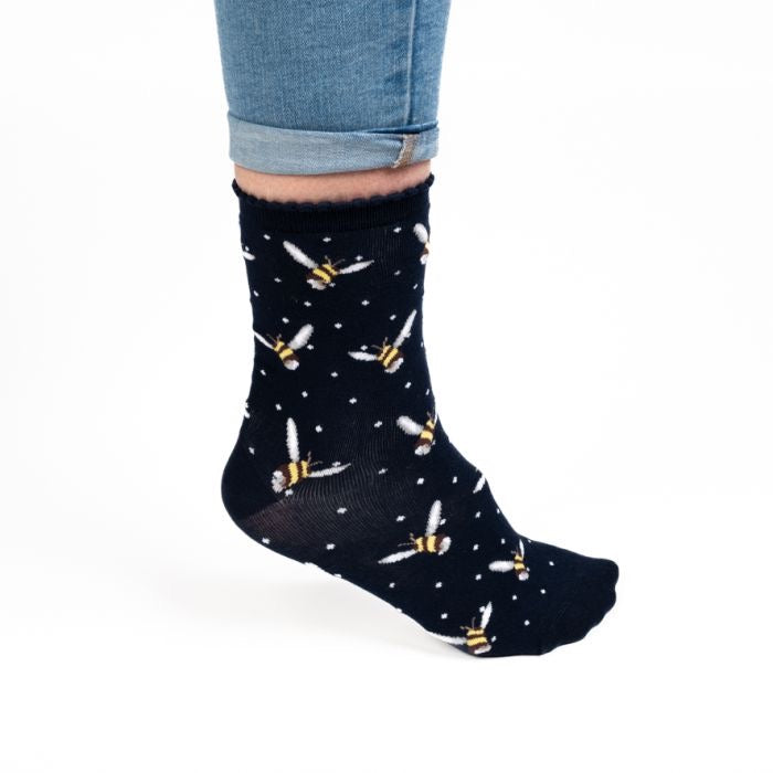 Busy Bee Ladies Ankle Bamboo Socks - Navy Blue - Wrendale Designs