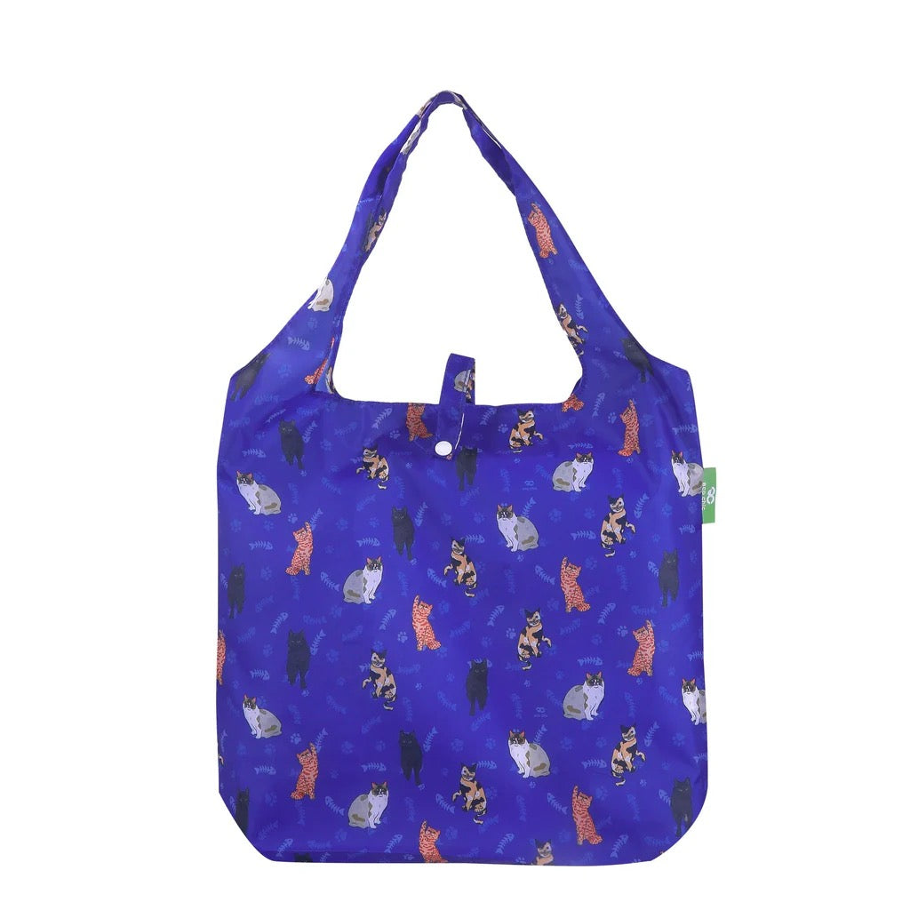 Eco Chic Foldable Recycled Shopping Bag - Mixed Cats - Blue