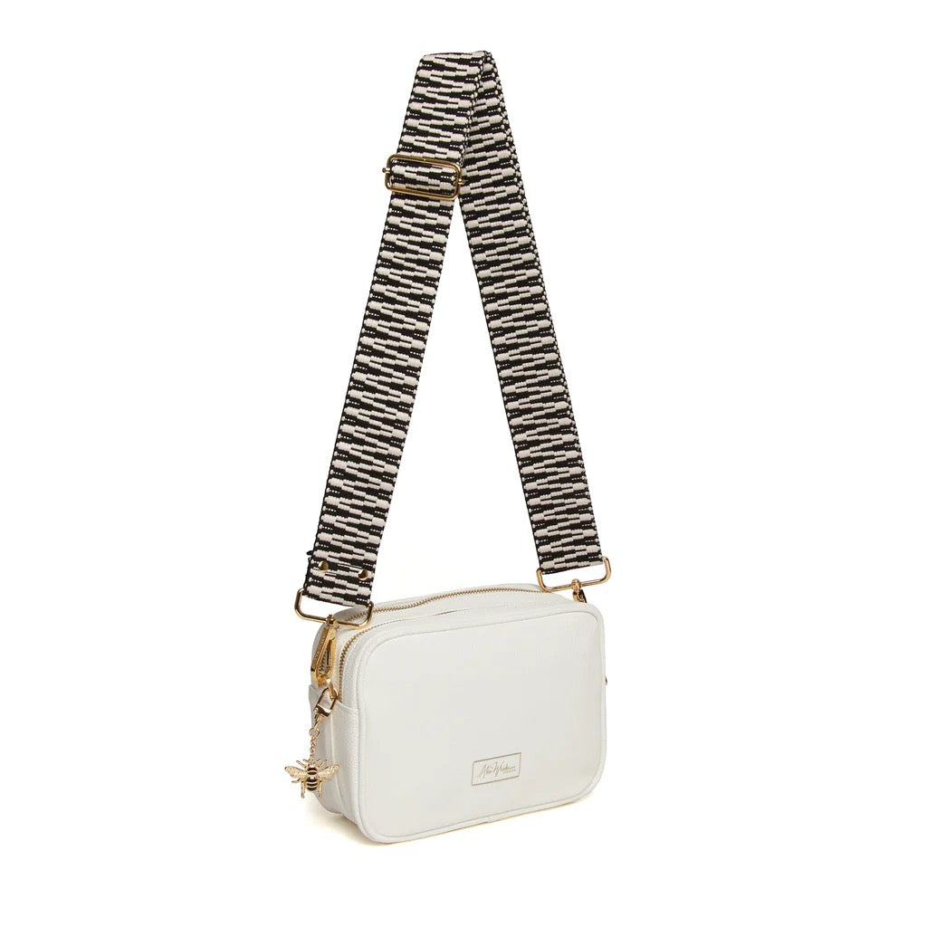Alice Wheeler White Soho Double Zipped Crossbody Bag with ZigZag Bag Strap