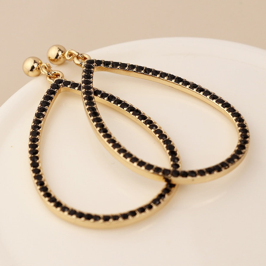 POM Golden & Black Crystal Statement Large Teardrop Drop Earrings
