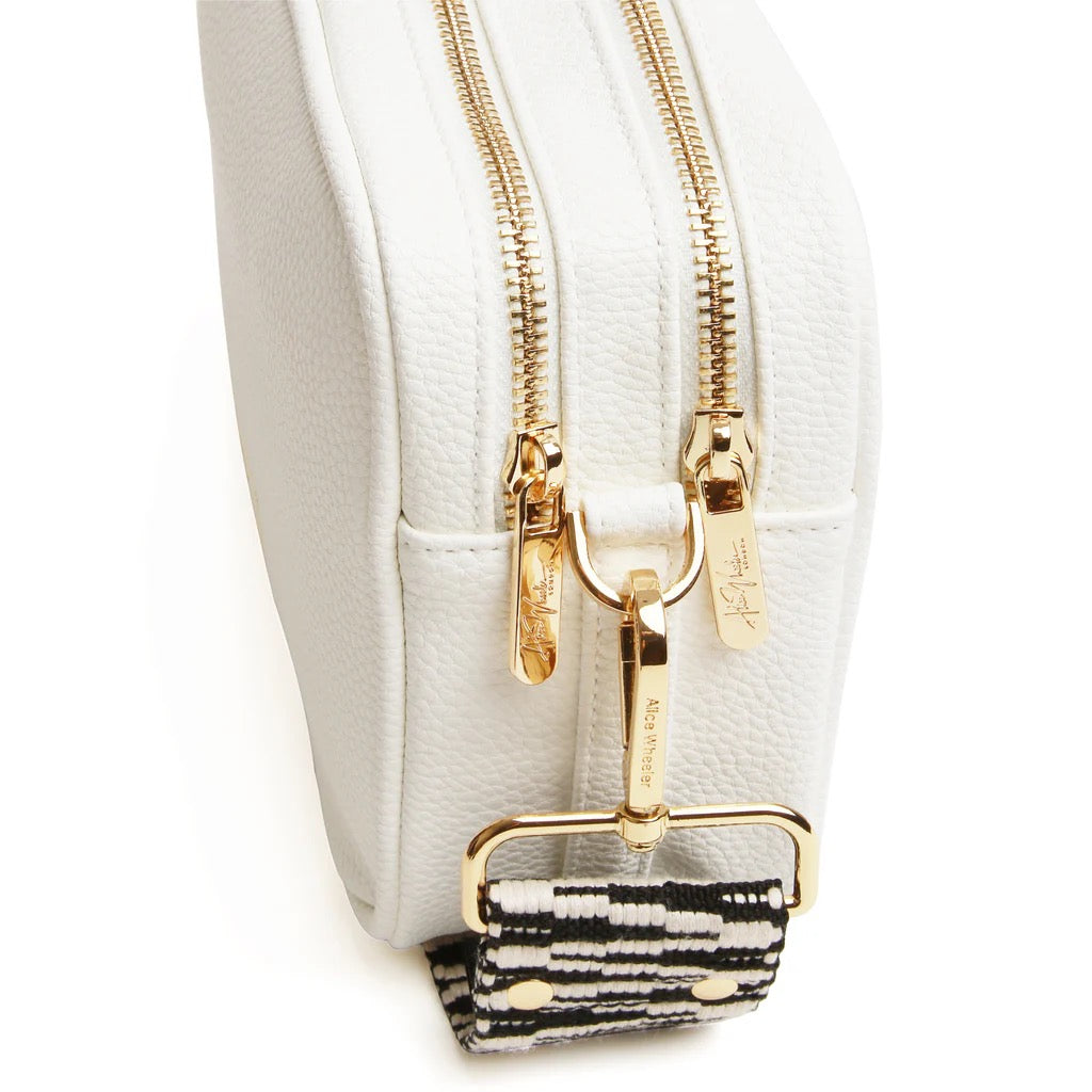 Alice Wheeler White Soho Double Zipped Crossbody Bag with ZigZag Bag Strap