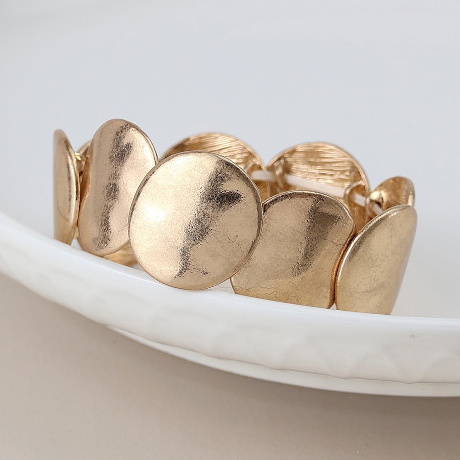 POM Gold Plated Worn Large Disc Stretch Bracelet