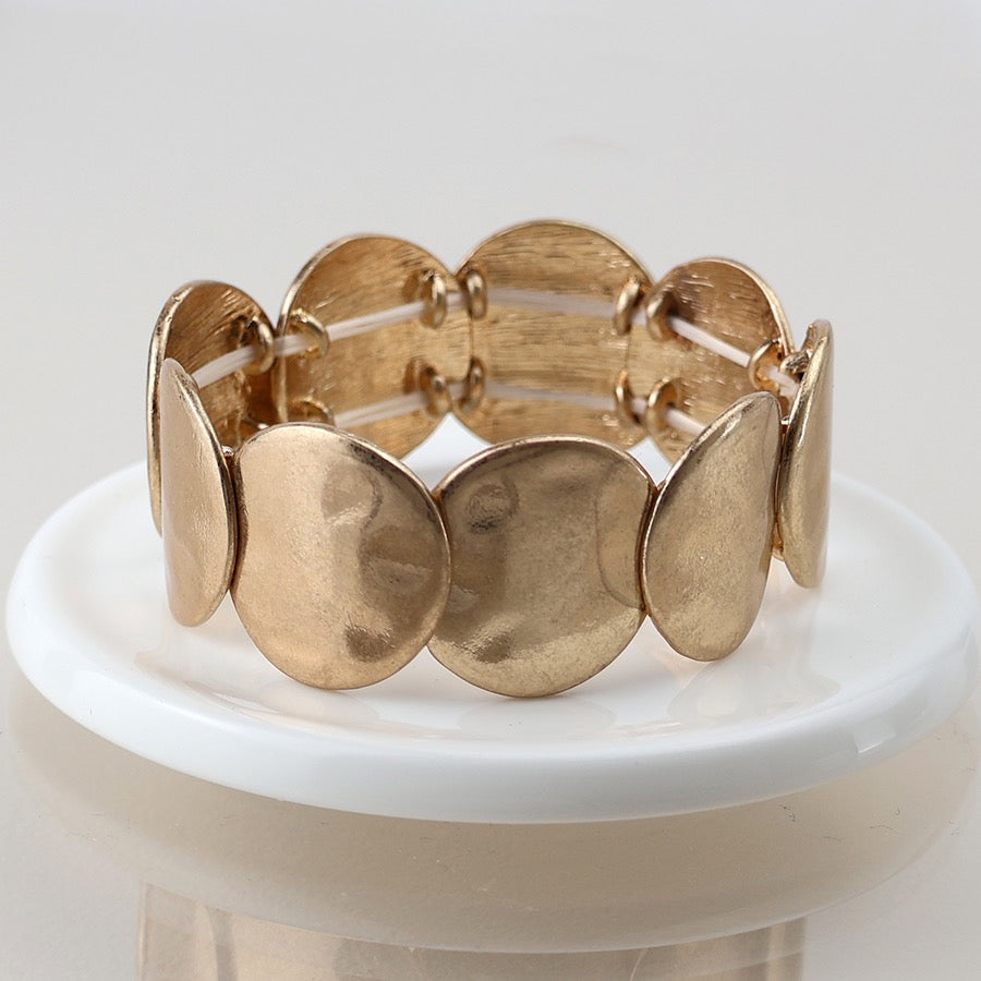 POM Gold Plated Worn Large Disc Stretch Bracelet