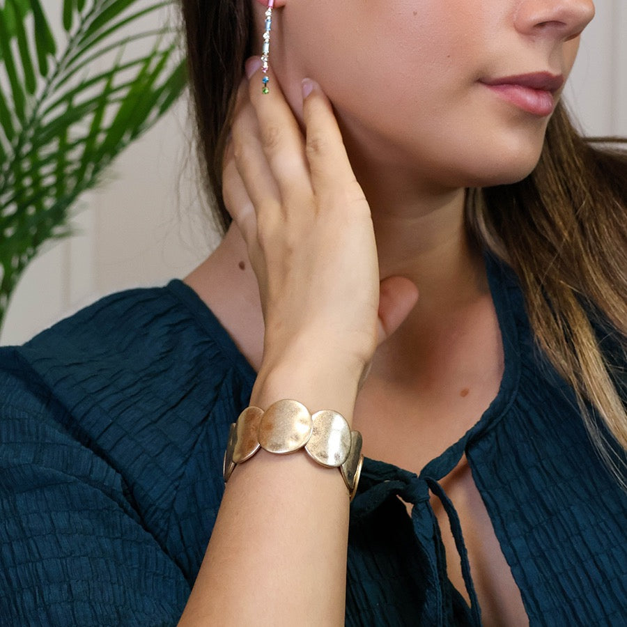 POM Gold Plated Worn Large Disc Stretch Bracelet