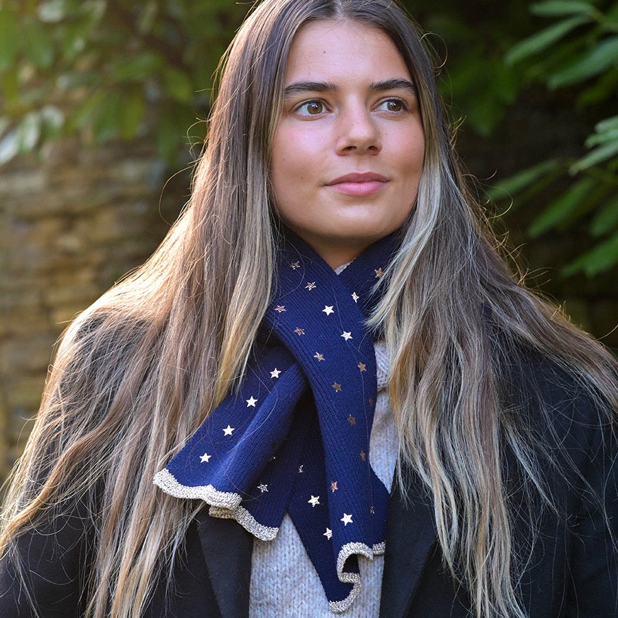 POM Navy Blue Fine Knit Pull Through Scarf With Foil Stars & Lurex Border