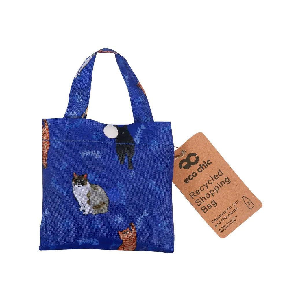 Eco Chic Foldable Recycled Shopping Bag - Mixed Cats - Blue