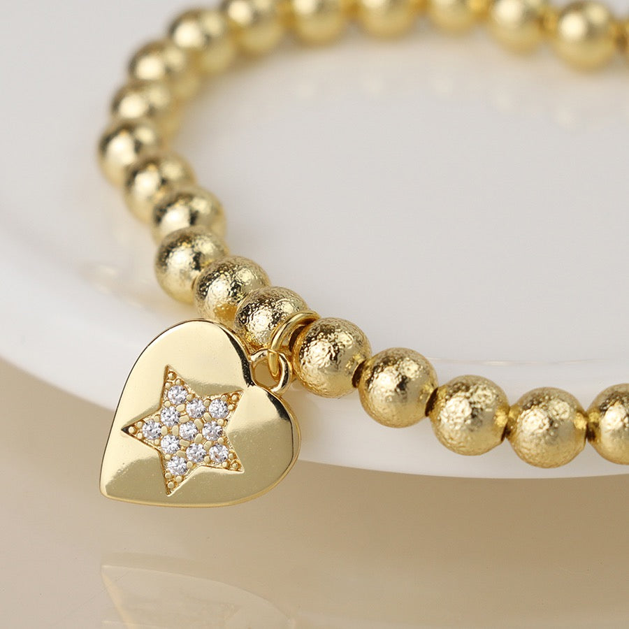 POM Gold Plated Heart Charm Stretch Bracelet with Pave Crystal Star