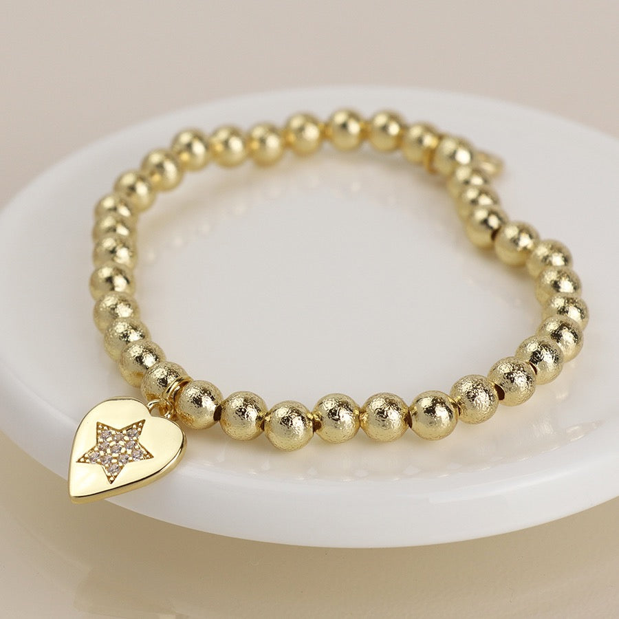 POM Gold Plated Heart Charm Stretch Bracelet with Pave Crystal Star