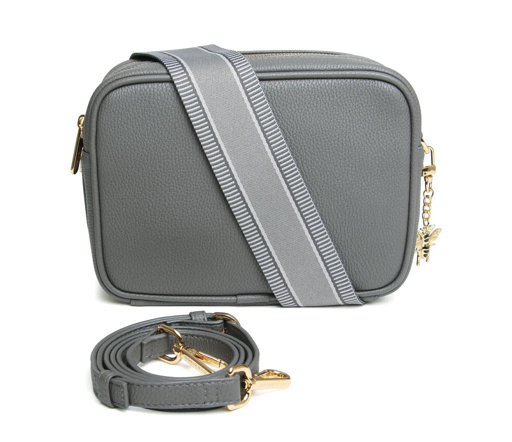Alice Wheeler Slate Grey Soho Double Zipped Crossbody Bag with Line & Stripe Bag Strap