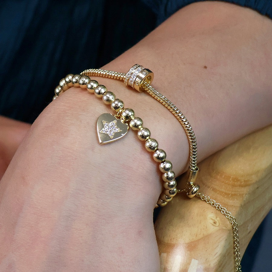 POM Gold Plated Heart Charm Stretch Bracelet with Pave Crystal Star