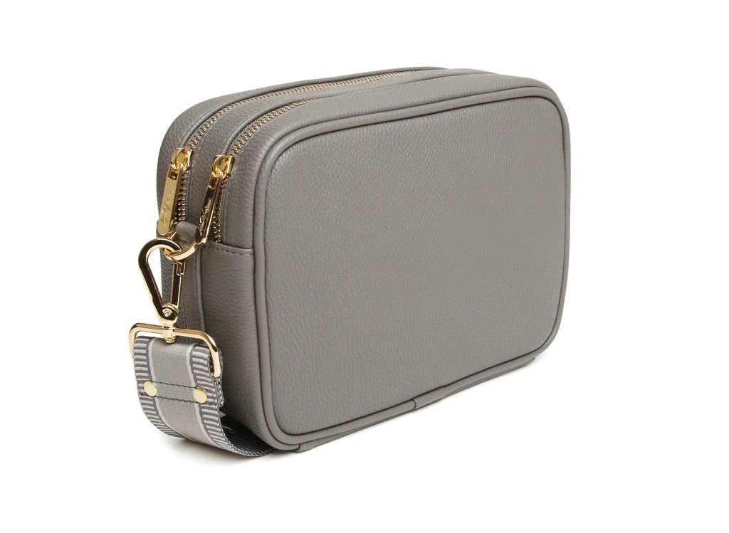 Alice Wheeler Slate Grey Soho Double Zipped Crossbody Bag with Line & Stripe Bag Strap