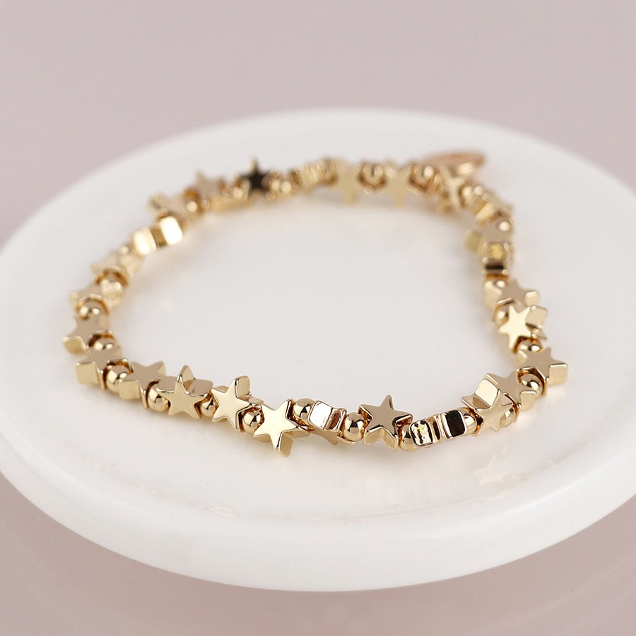 POM Gold Plated Polished Stars Beaded Charm Stretch Bracelet