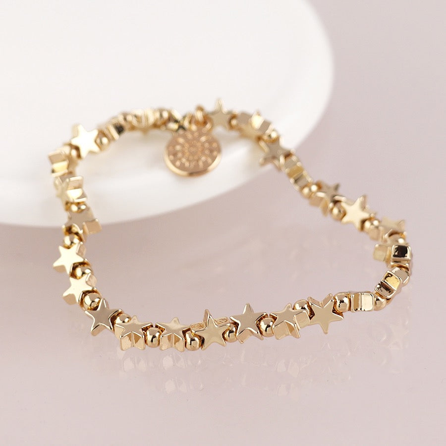 POM Gold Plated Polished Stars Beaded Charm Stretch Bracelet