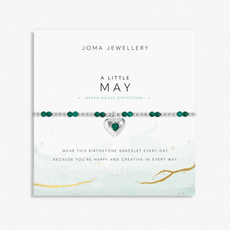 Joma Jewellery - 'A Little May' Heart Green Agate Birthstone Bracelet -Silver