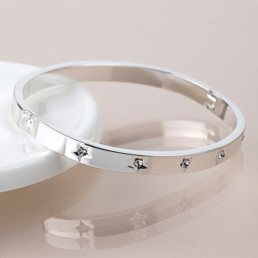 POM Silver Plated Crystal Stars Hinged Bangle Bracelet