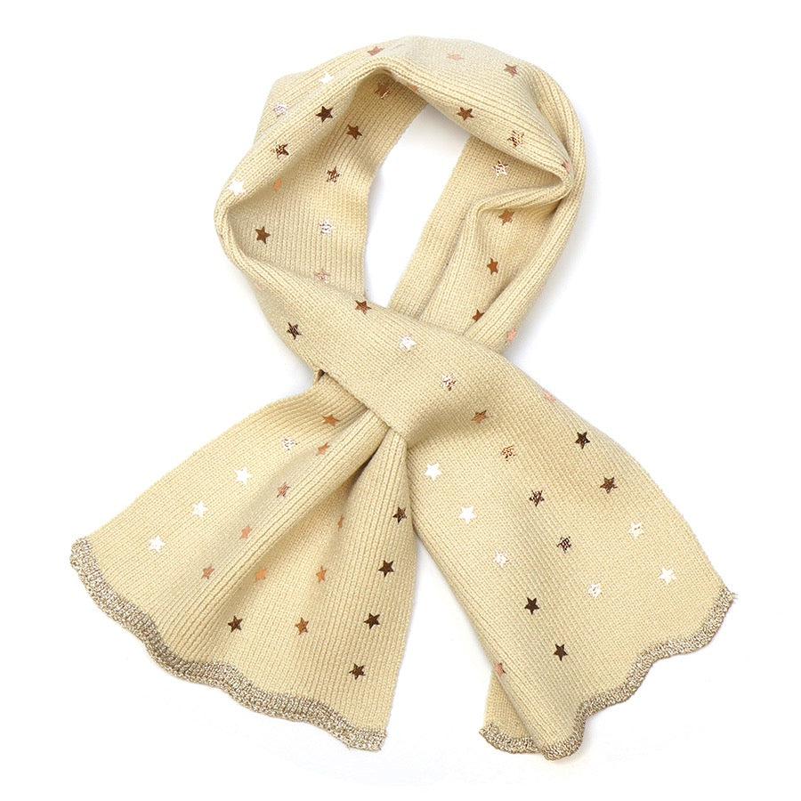 POM Cream Fine Knit Pull Through Scarf with Foil Stars & Lurex Border