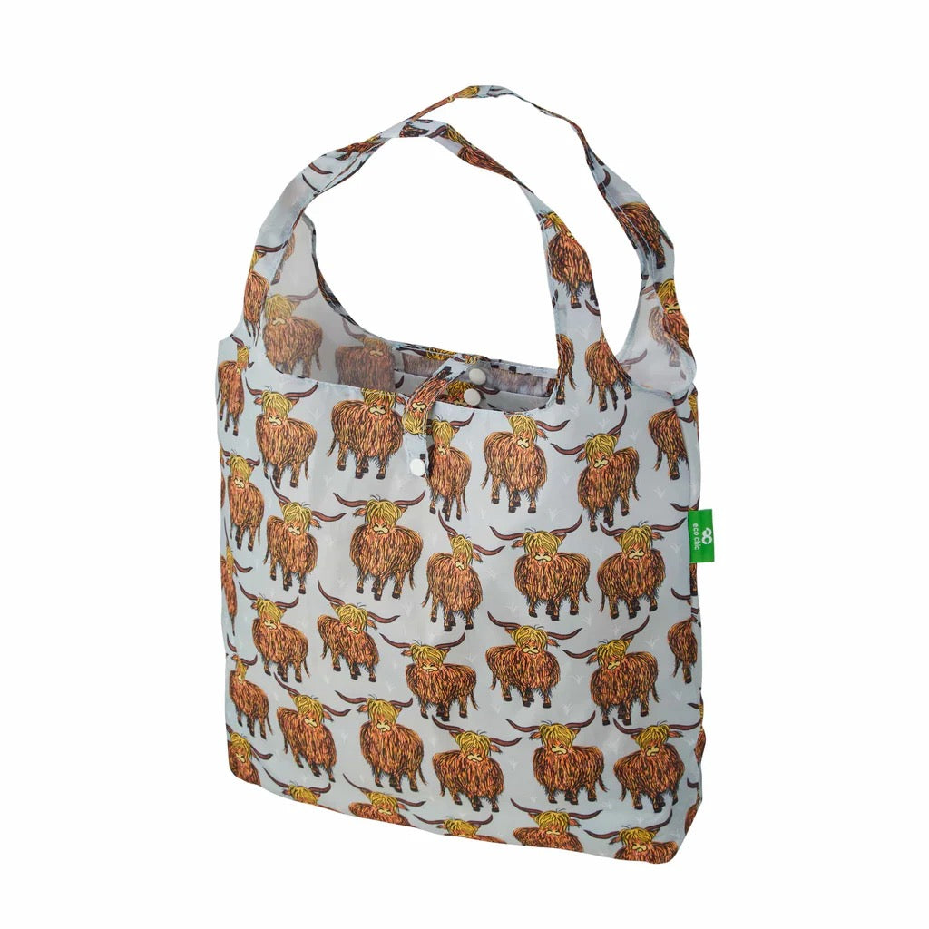 Eco Chic Foldable Recycled Shopping Bag - Highland Cow - Grey