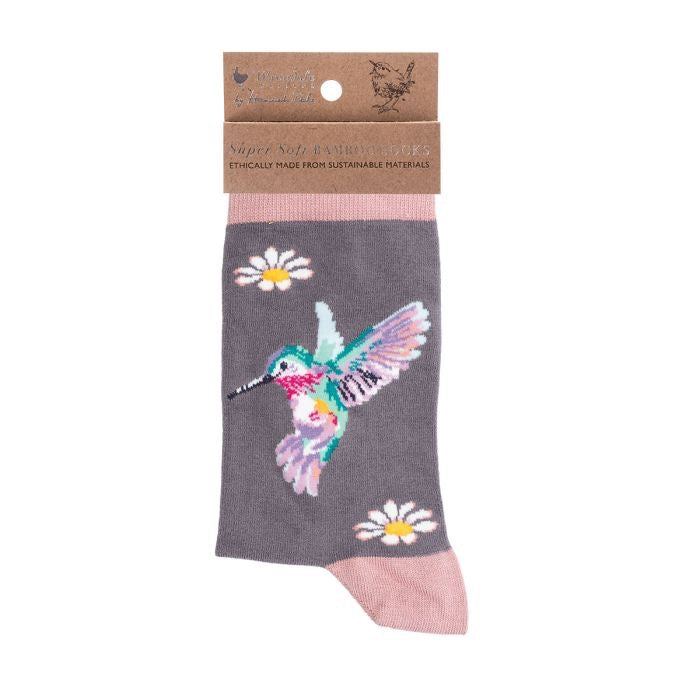 Wisteria Wishes Hummingbird Ladies Ankle Bamboo Socks - Grey - Wrendale Designs