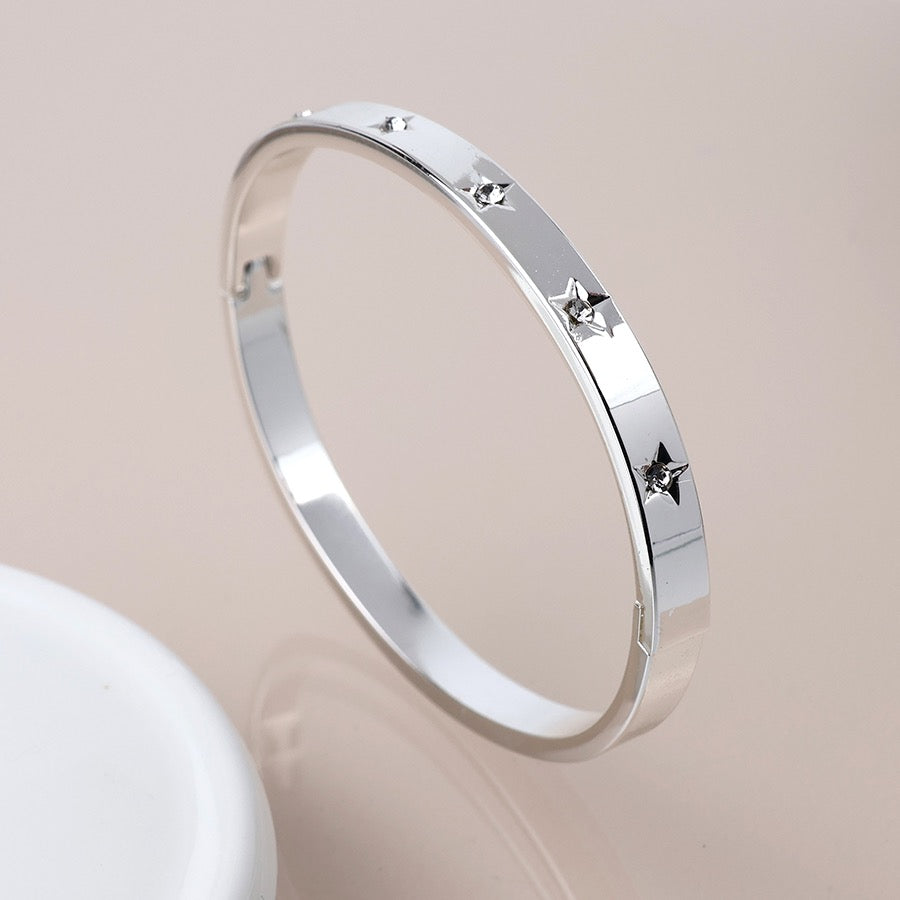 POM Silver Plated Crystal Stars Hinged Bangle Bracelet