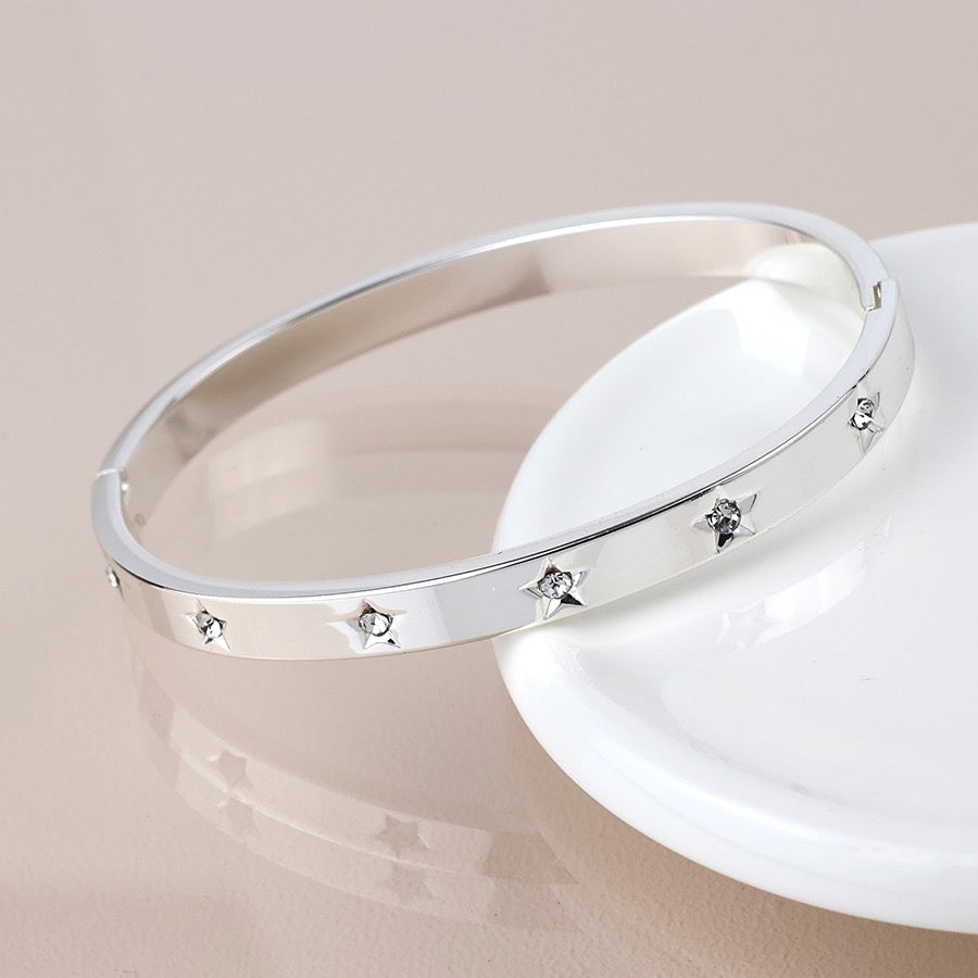 POM Silver Plated Crystal Stars Hinged Bangle Bracelet