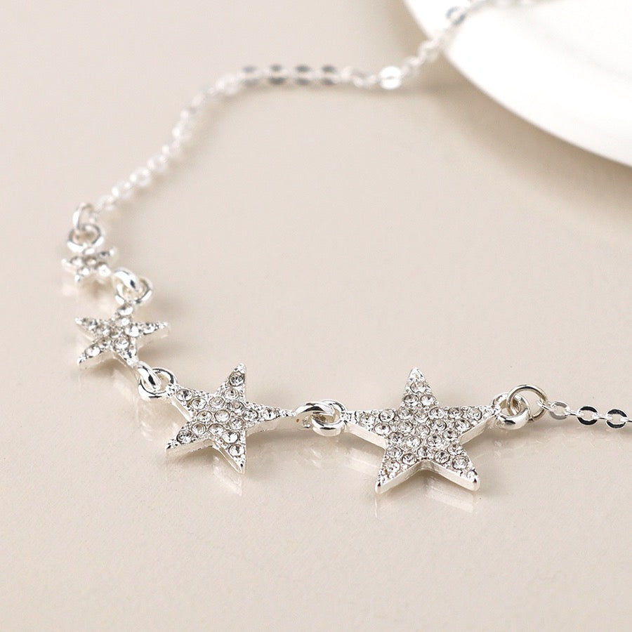 POM Silver Plated Graduated Pave Crystal Stars Necklace