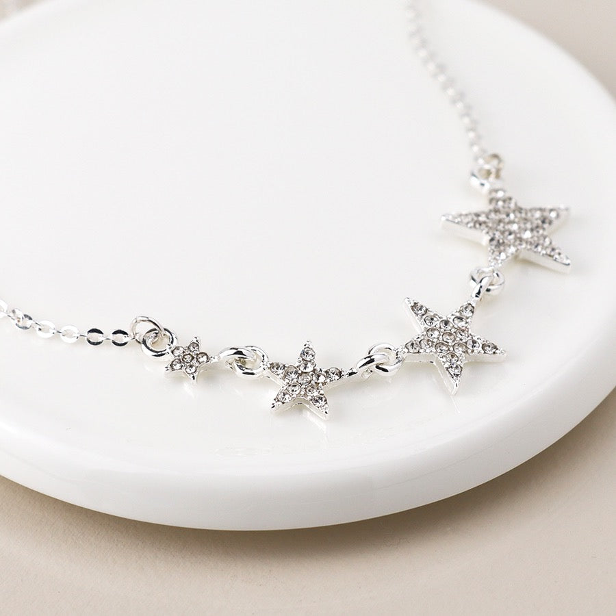 POM Silver Plated Graduated Pave Crystal Stars Necklace