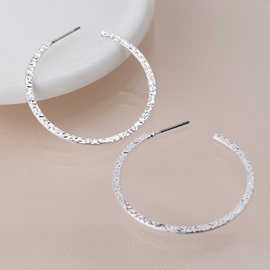 POM Silver Plated Textured Hoop Earrings