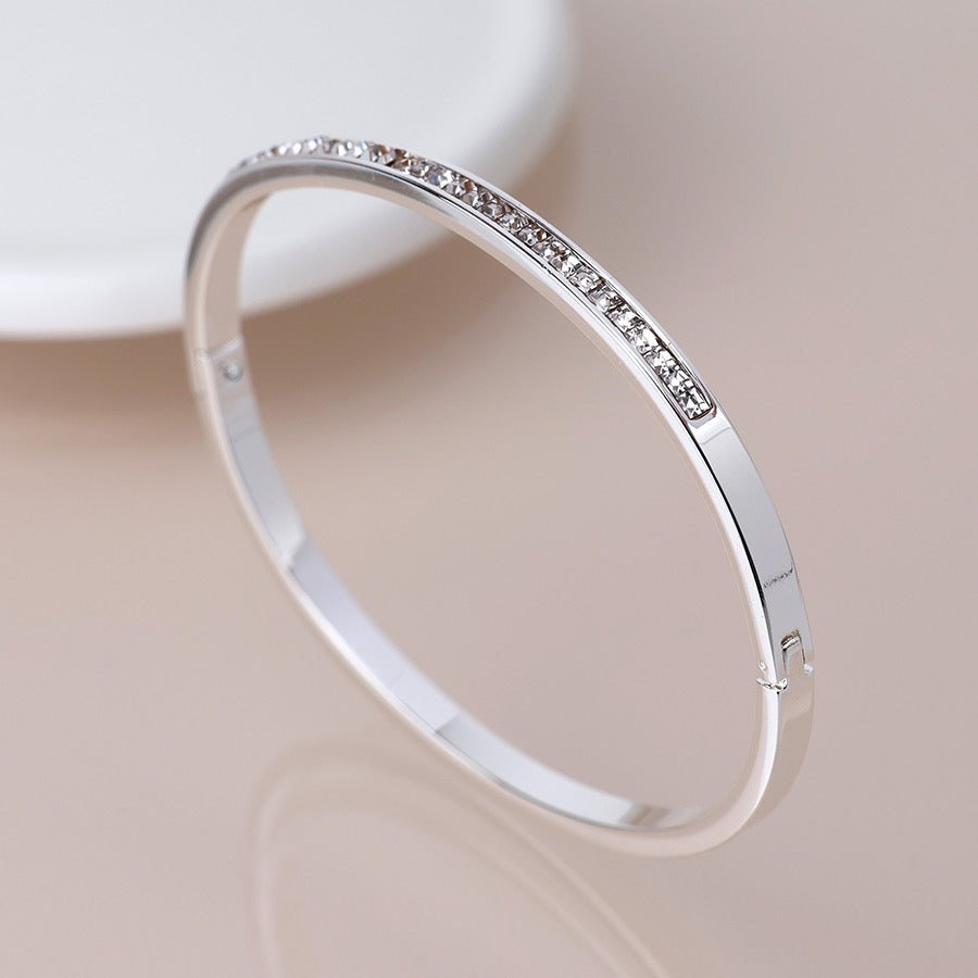 POM Silver Plated Clear Crystal Hinged Bangle Bracelet