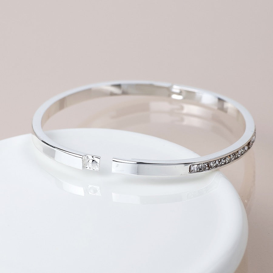 POM Silver Plated Clear Crystal Hinged Bangle Bracelet