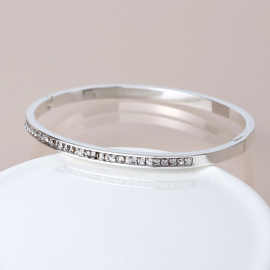 POM Silver Plated Clear Crystal Hinged Bangle Bracelet