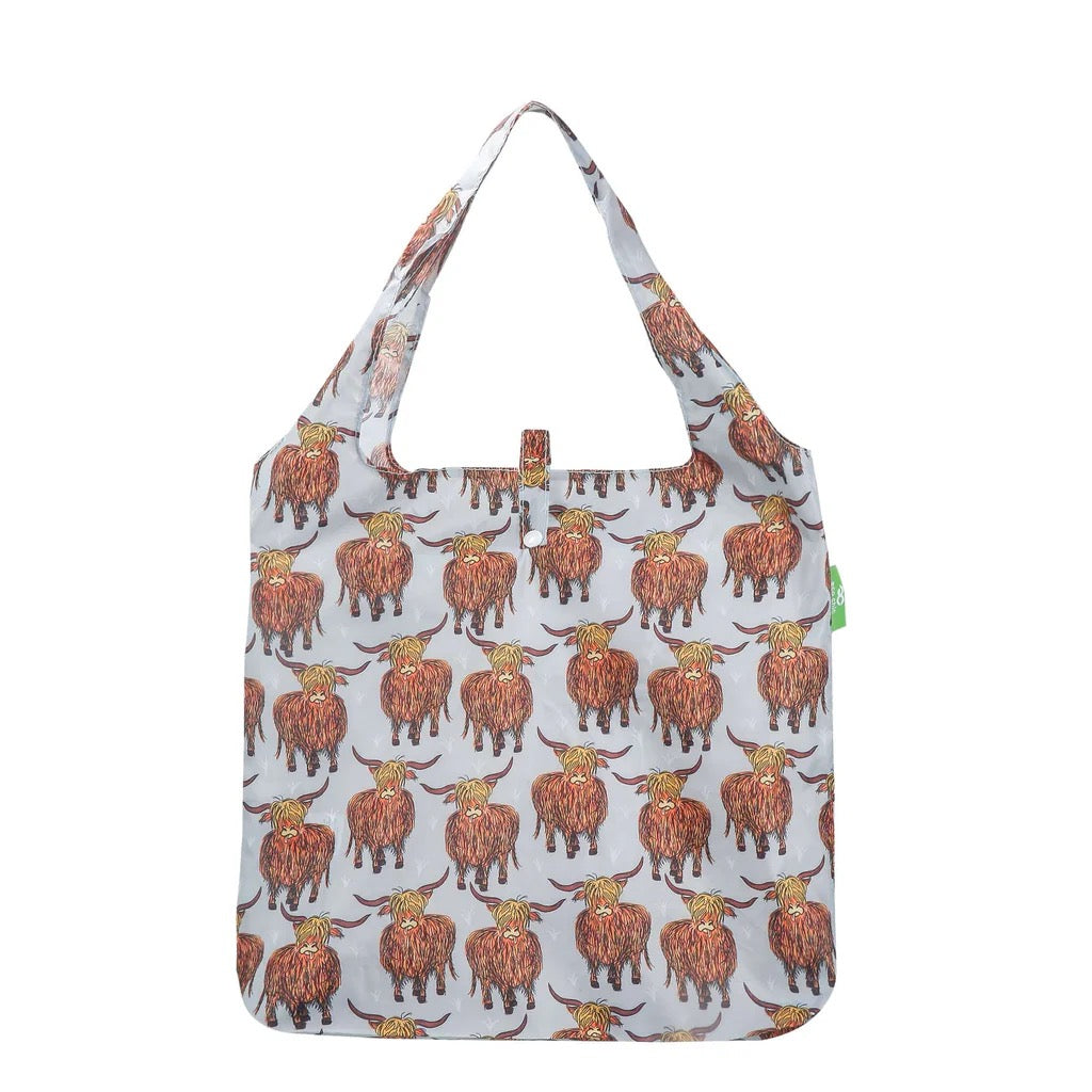 Eco Chic Foldable Recycled Shopping Bag - Highland Cow - Grey