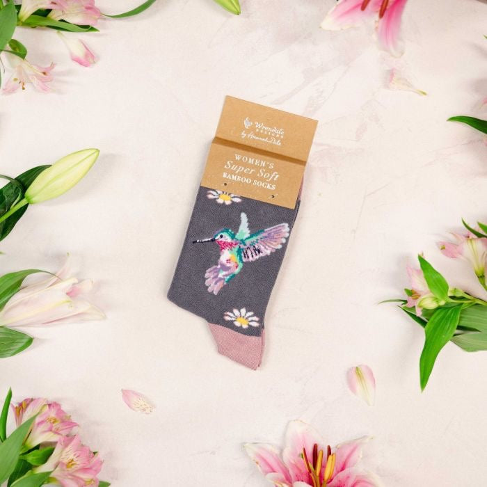 Wisteria Wishes Hummingbird Ladies Ankle Bamboo Socks - Grey - Wrendale Designs