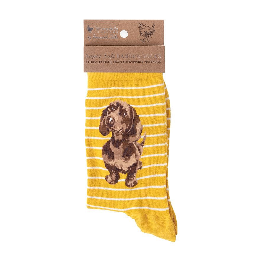 'Little One' Dachshund Ladies Ankle Bamboo Socks - Mustard - Wrendale Designs